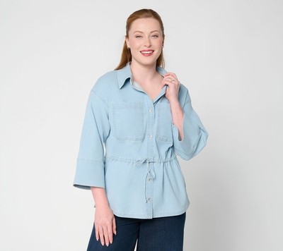 Peace Love World Cinched Tie Waist Button Up Elbow Sleeve Top Light Wash M New