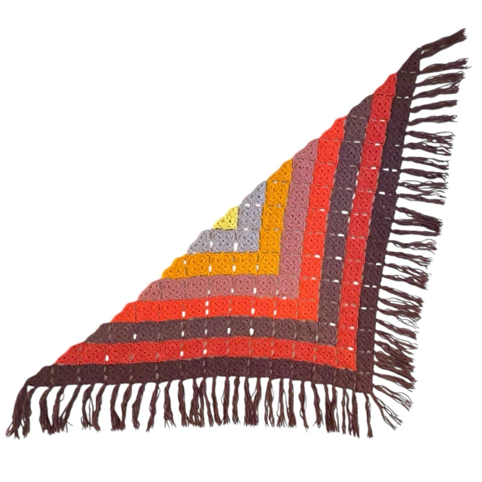 复古 70 年代钩针三角披肩裹多色奶奶方形条纹波西米亚 — 第 2/4 张图片