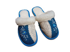 Women's leather real leather slippers mules slippers insulated blue 36-41 DE