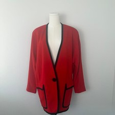 Vintage Red Black Blazer Womens L 3/4 Sleeve Tailored Jacket Statement
