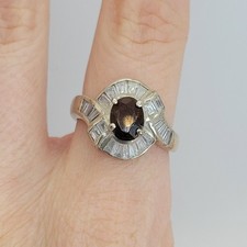 925 Sterling Silver Oval Smoky Quartz Baguettes Halo Cocktail Ring Size 8.5