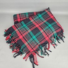 Vintage Wool Throw Blanket Black Green Red Plaid Fringe 42" by 55"