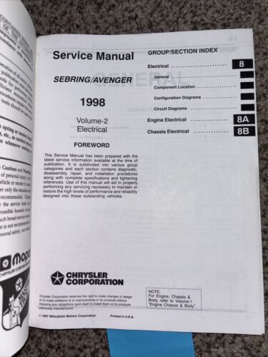 1998 CHRYSLER SEBRING AVENGER SERVICE SHOP REPAIR GUIDE MANUALS VOL 1-2 - Picture 3 of 3