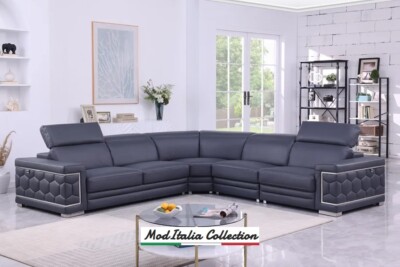 GENUINE Italian Leather Dark Navy 122'' Sectional Gray Contemporary Living Room