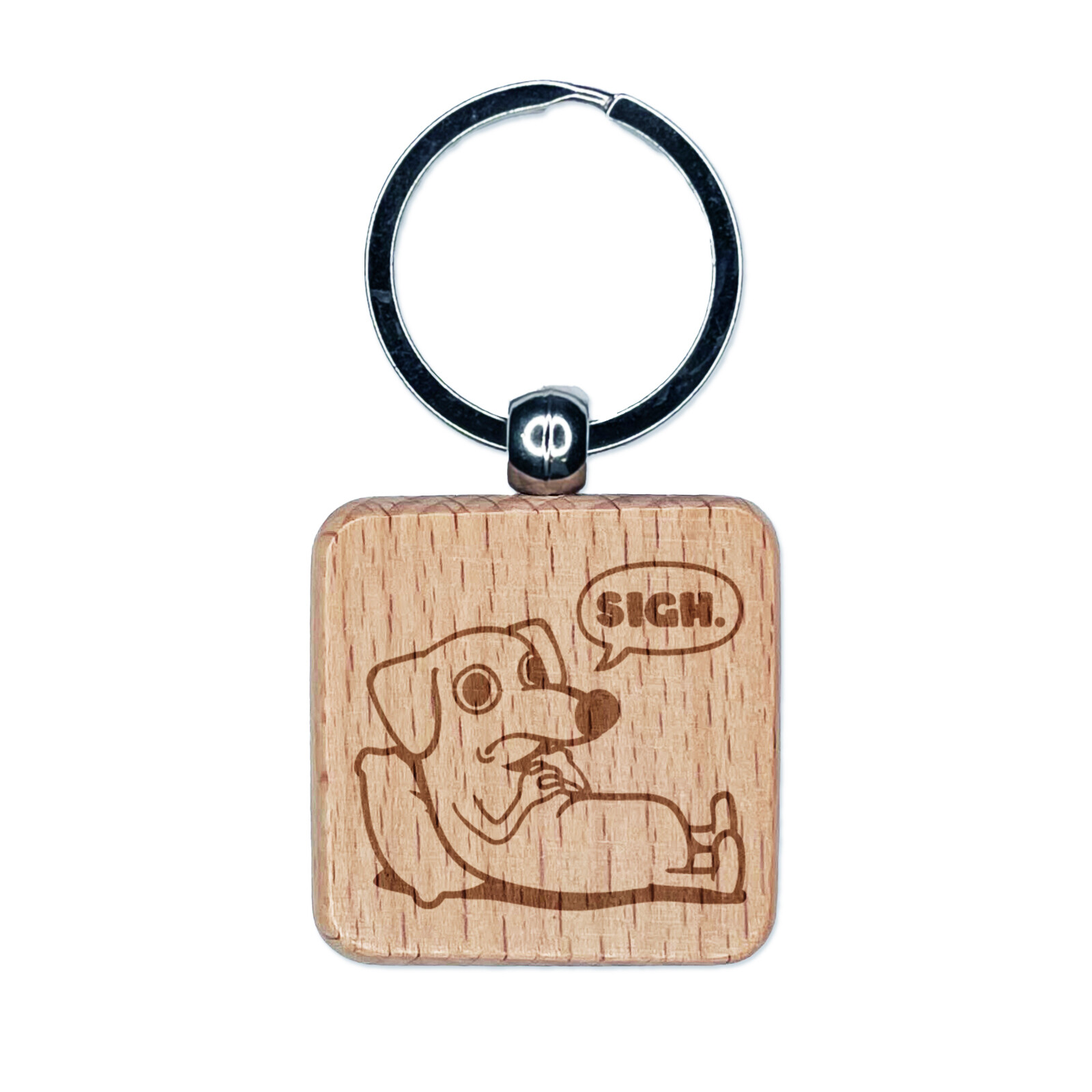 Sad Dachshund Weiner Dog Sigh Engraved Wood Square Keychain Tag Charm