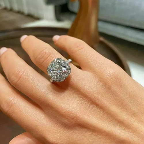 3.20Ct Cushion Cut Moissanite Halo Engagement Wedding Ring 14K White Gold Plated - Picture 5 of 6