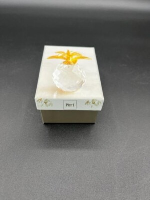 Pier 1 Glass Prism Pineapple 2.5'' Figurine Gold Crown Leaves Gift Box Lined NEW
