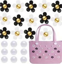 23 Pcs Black White Flowers And Pearls Bogg Bag Charms For Rubber Beach Bags