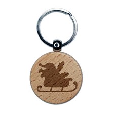 Santa in Sleigh Silhouette Christmas Engraved Wood Round Keychain Tag Charm