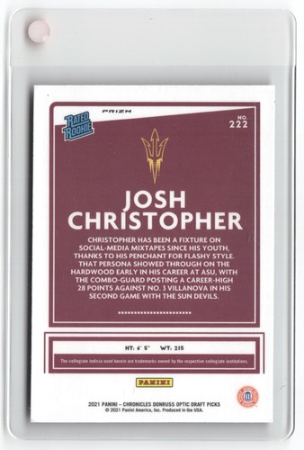 2021-22 Chronicles Draft Optic Rated Rookie Prizm #222 Josh Christopher ROCKETS - Picture 2 of 2