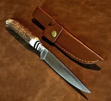 9.5" Real Stag Horn Handle Hunter/Camper Fixed Blade Knife w/Leather Sheath