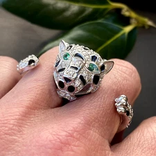 Rare Kenneth Jay Lane KJL Panther Animal Enamel Crystal Vintage 2-Finger Ring