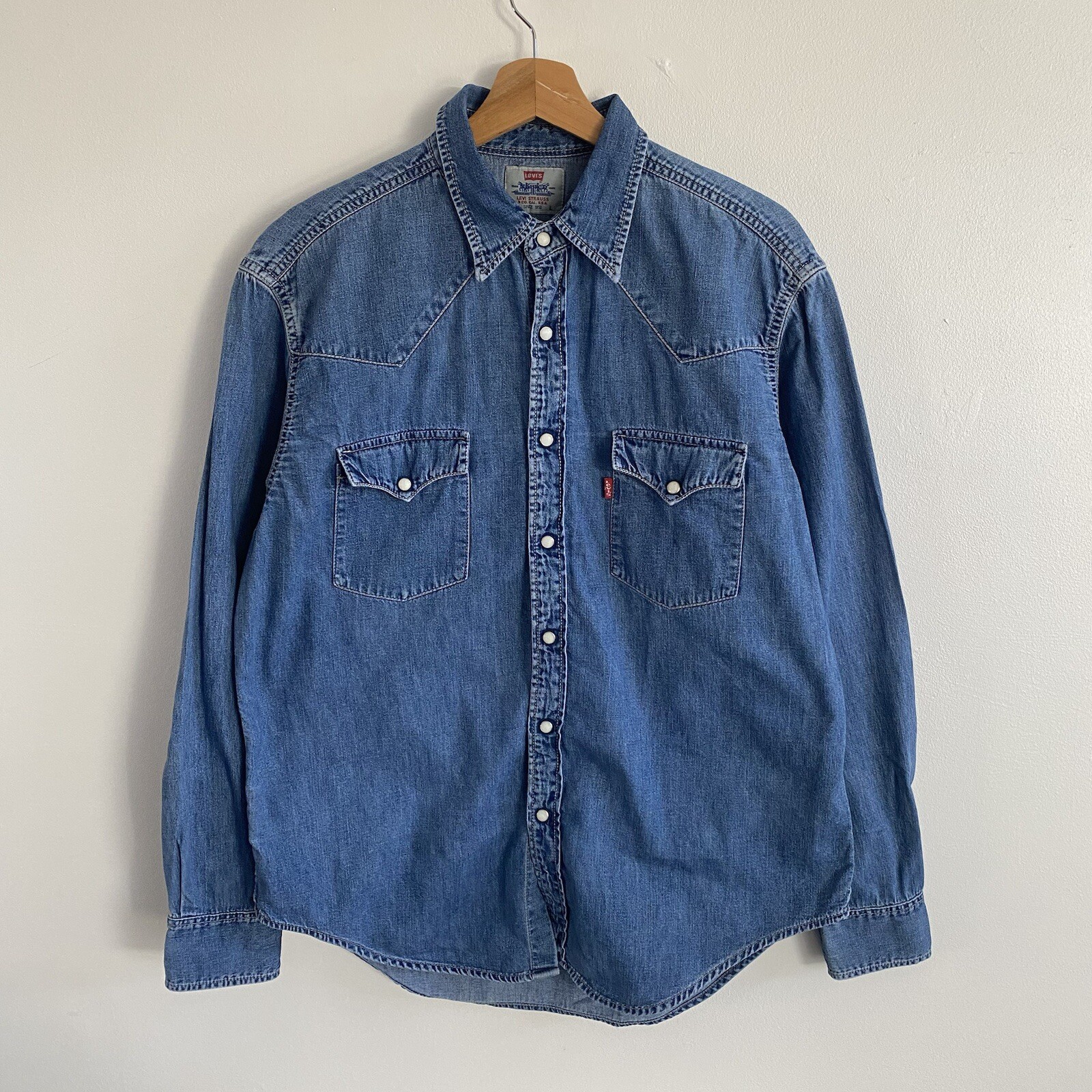 Levis Hemd Herren Large Blau Vintage Western Denim Pearl Snap Cowboy USA