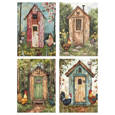Set of 4 Watercolor Prim Style Rooster Outhouse Semi Gloss 8'' x 10'' Wall Prints