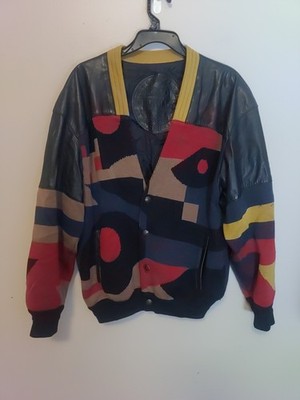 Torras Black Multicolor Picasso Design Leather Wool Sweater Spain Jacket Size 40