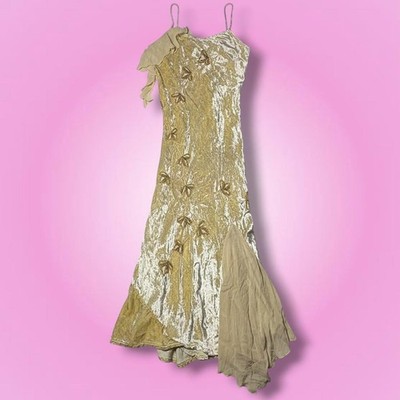 Y2K Papillon Tan & Gold Crushed Velvet Silk Beaded Asymmetrical Maxi Dress