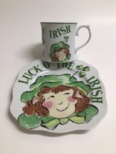 Shamrock Leprechaun Coffee Mug Plate SET Luck O' The Irish Tea Ceramic Rosanna