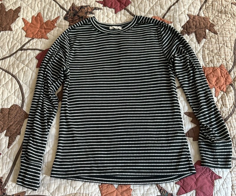 Madewell Shirt Women Large Long Sleeve Ribbed Knit Stretch Fitted Stripe Green