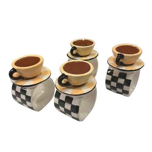 Black & White Checkered Ceramic Napkin Rings Teacup Saucer Porcelain Set Of 4