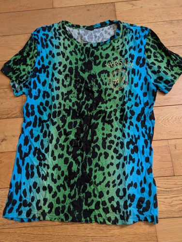 H&M, H&M T-shirt femme L imprimé animal bleu/vert/noir logo col rond manches courtes