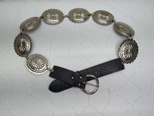 Vintage Western Silver Concho Leather Belt Oranate Etched Boho Cowgirl Belt USA