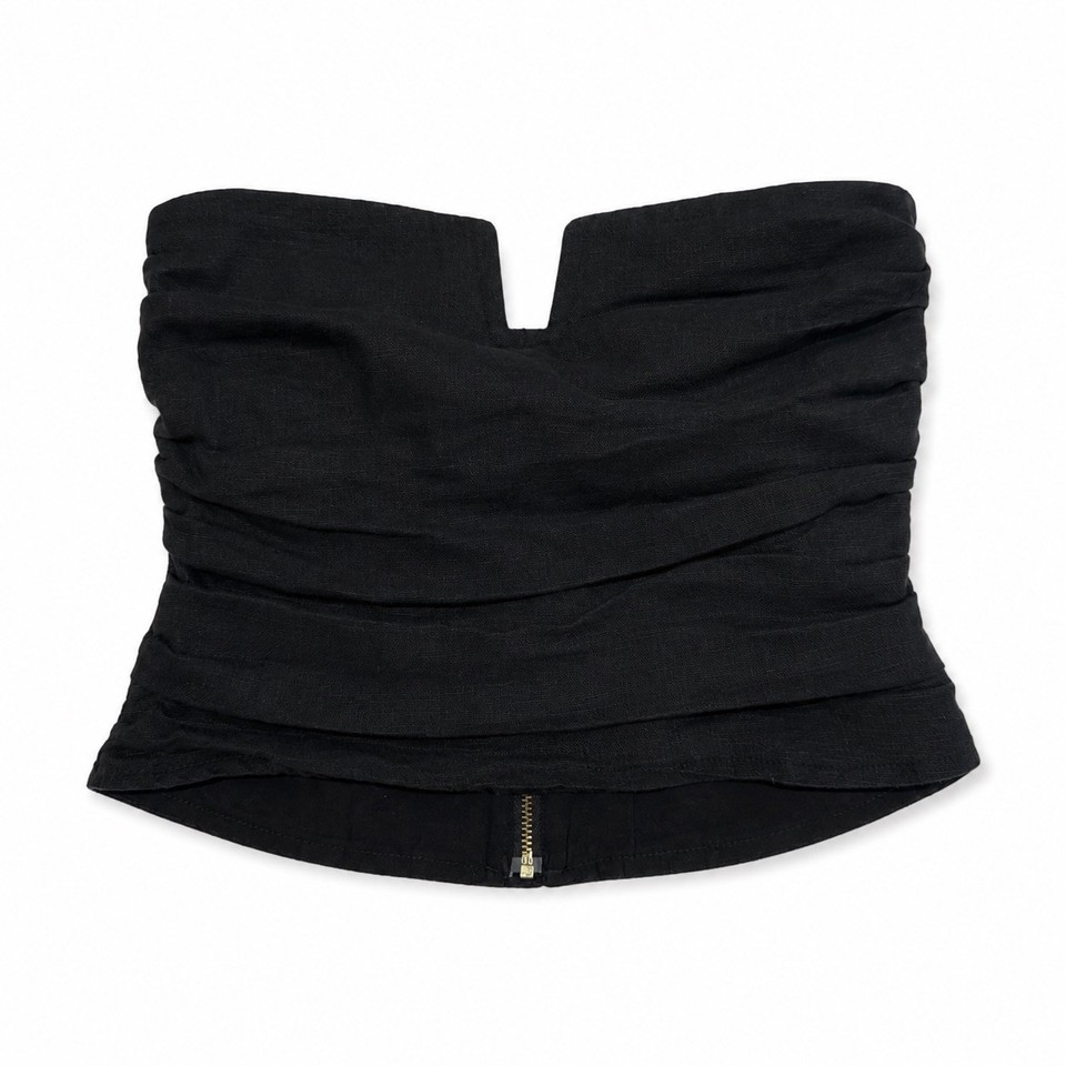 Subtitled Womens Black Strapless Corset Top Size S Ruched Linen Blend Bandeau