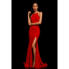 Sherri Hill Red Halter Open Back Gown Size 6 Long Formal Prom Dress