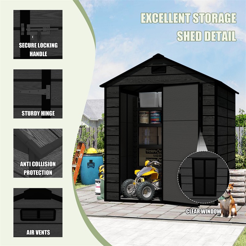 6x6 FT Outdoor Resin Storage Shed Lockable Garden Tools House with Window & Base
