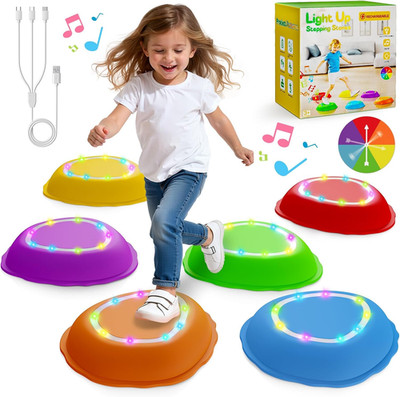 Rechargeable Stepping Stones for Kids, 6Pcs Music and Light up Non-Slip Balance 