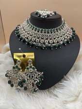 Indian Jewellery Set Golden Green Necklace, Earrings, Tikka