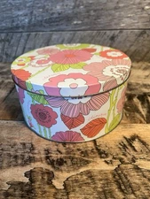 Vtg Clinique Empty Round Metal Storage Tin Pink Flowers Container 8#