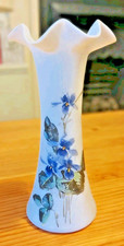 Antique Satin Opaline Milk Glass Vase Hand Blown Painted Iris Design | UV Glow