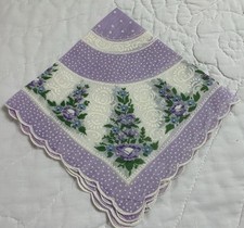 Vintage Ladies Hanky, Handkerchief, Cotton, Flower, Leaf  Dot Print, Lavender