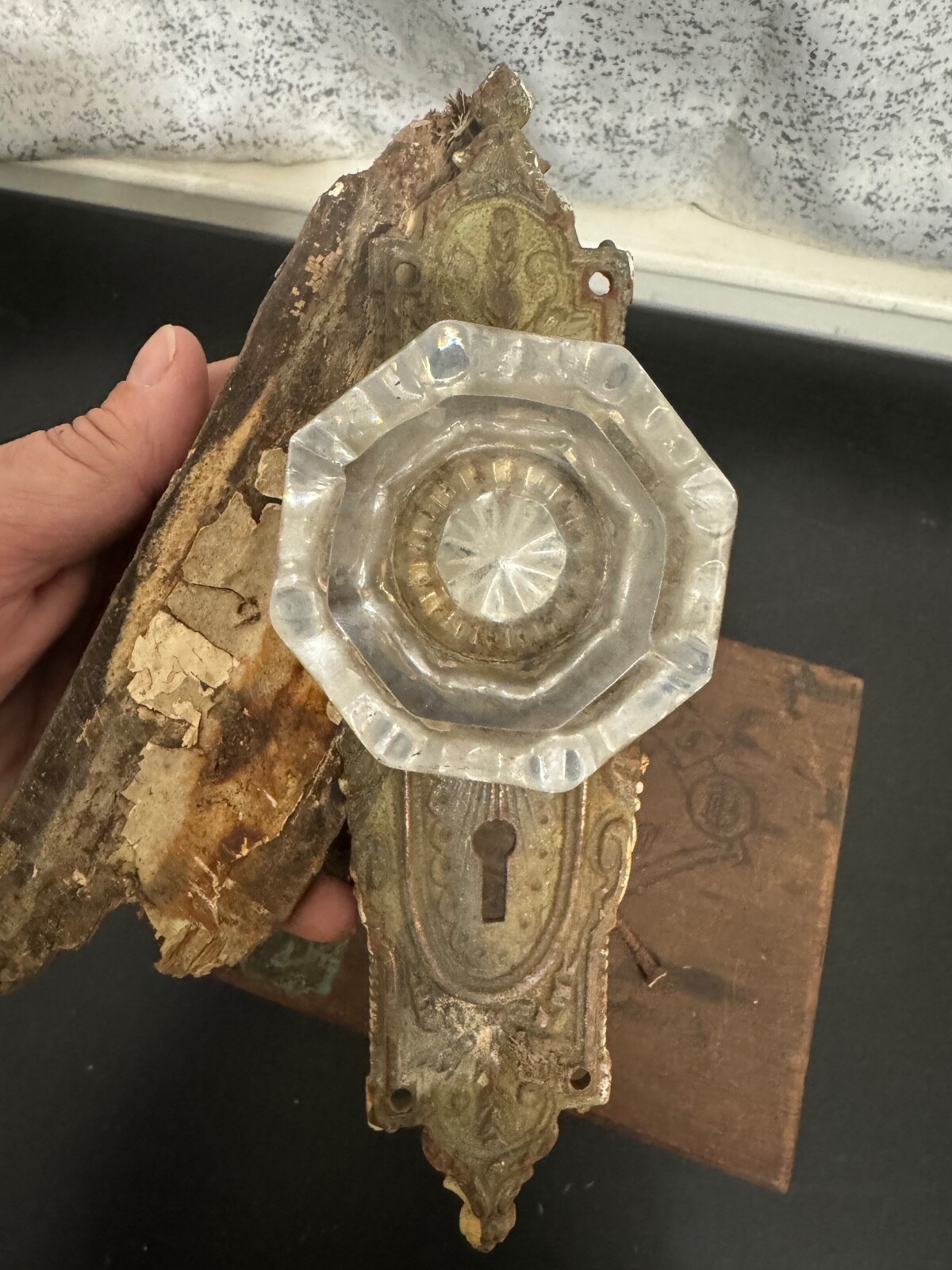 Vintage Glass Door Knob Set with Lock and Antique Brass Covers ☆ Intact