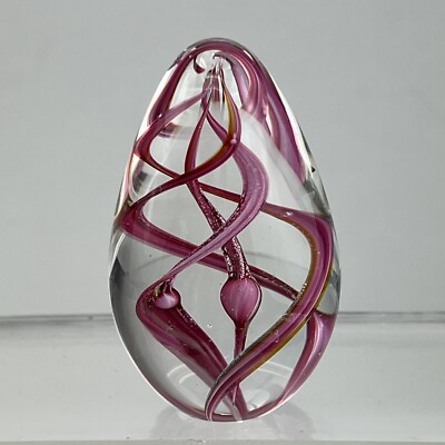 Vintage Glass Eye Studio Signed GES 90' Egg Shaped Pink Swirl Spiral Paperweight