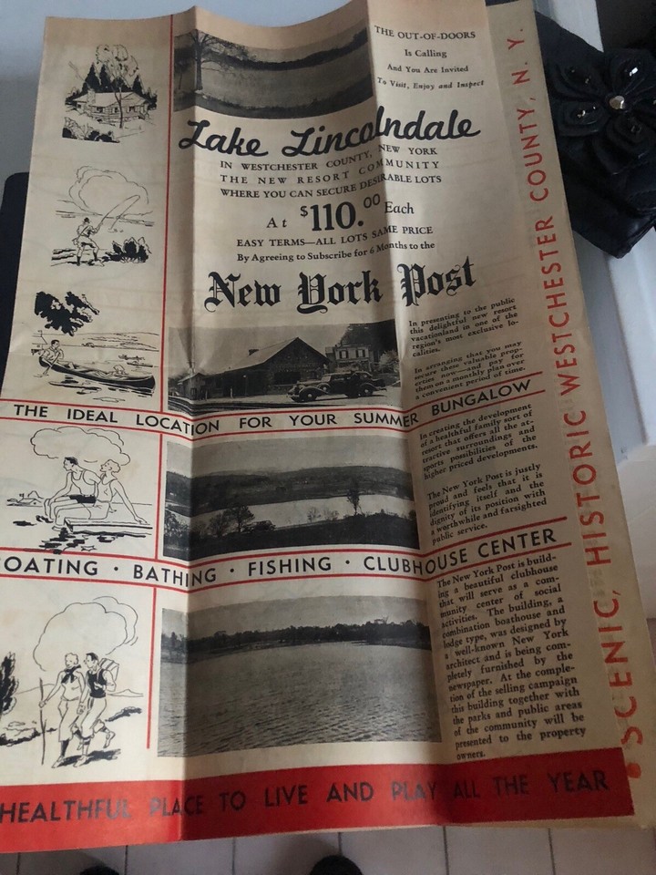 Lake Lincolndale, New York County, USA Vintage Road Map Great Wall