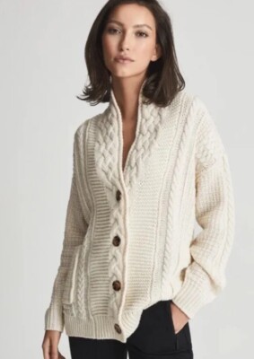 Reiss Damen Kaschmirmischung Schal Strickjacke Creme Gr. XS