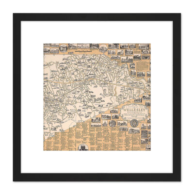 1960 Ernest Dudley Chase Map Wellesley Massachusetts Square Framed Wall Art 9X9''