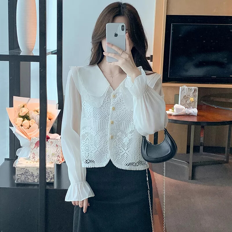 Camisa Blusa Mujer Camiseta De Manga Larga Blanca Satén Encaje 38958