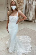 Vintage Square Neck Mermaid Wedding Dresses Sleeveless Lace Applique Bridal Gown