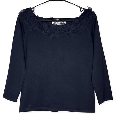 Carlisle Womens Top Medium Black Vintage Ruffle Boat Neck Sweater Stretch Silk 
