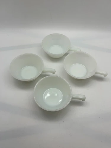 Vintage Anchor Hocking Fire King Milk Glass Soup Bowls w Handle Set of 4