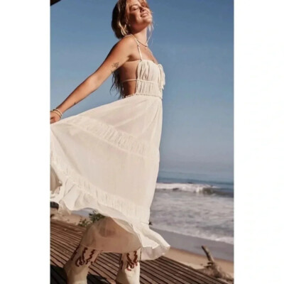 New Free People Taking Sides Maxi Dress in Ivory White Sz Large