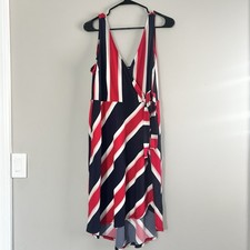 Express Red Navy White Striped Sleeveless Wrap Midi Dress 