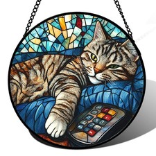 Stained Glass Cat Suncatcher 7.8" Hanging Window Decor for Pet Lovers