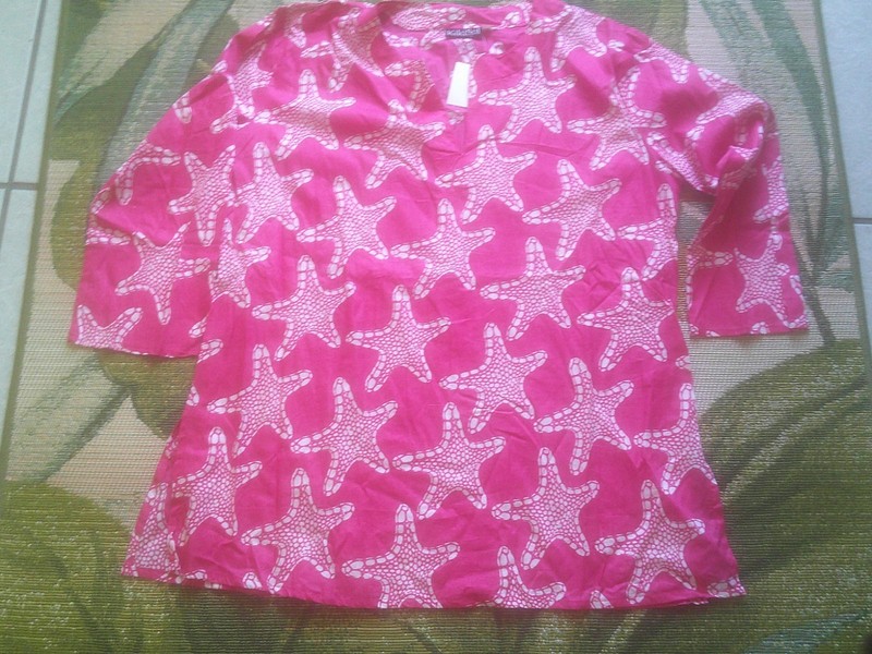 KikiSol  Tunic Top Beach Cover-Up Pink Starfish 100% Cotton 3/4 Sleeve XXL NWT