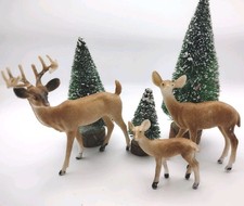 Vintage Hard Plastic Deer Family Buck Doe Fawn & 3 Bottle Brush Trees