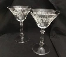 (2) Vintage Bryce Fern Leaf Etched Clear Champagne Tall Sherbet Glasses Mint C