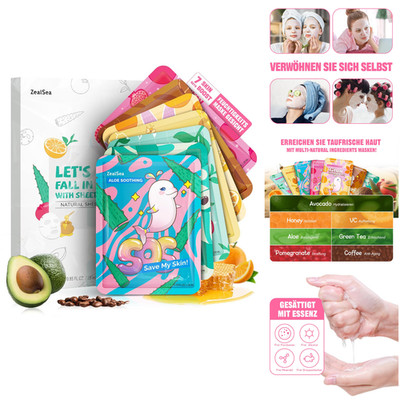 7 Tage Tuchmasken Set 7 Stück Mix Aloe Grüntee Honig Vitamin C Avocado Granat
