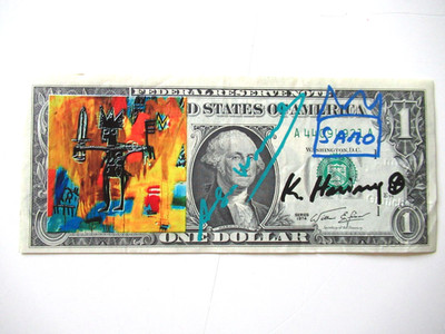 C) A. WARHOL/K. HARING/J. M.BASQUIAT: 1$ BANKNOTE 3x SIGNIERT, POSTST. 20.01.87